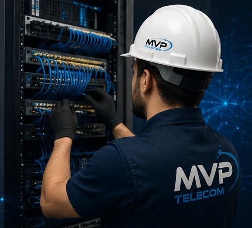 Referência visual da MVP Telecom: técnico junto a um rack de rede